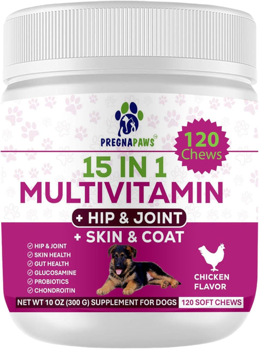 15-in-1 Postnatal Vitamins for Dogs - Promotes Recovery, Joint Health, Skin & Coat Care - Probiotics & Multivitamins - 120 Chewable Chicken Flavor Tablets