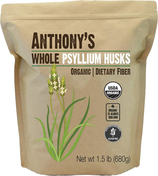 1.5 lb Anthony's Organic Whole Psyllium Husks - High Fiber, Gluten Free, Non GMO, Keto Approved