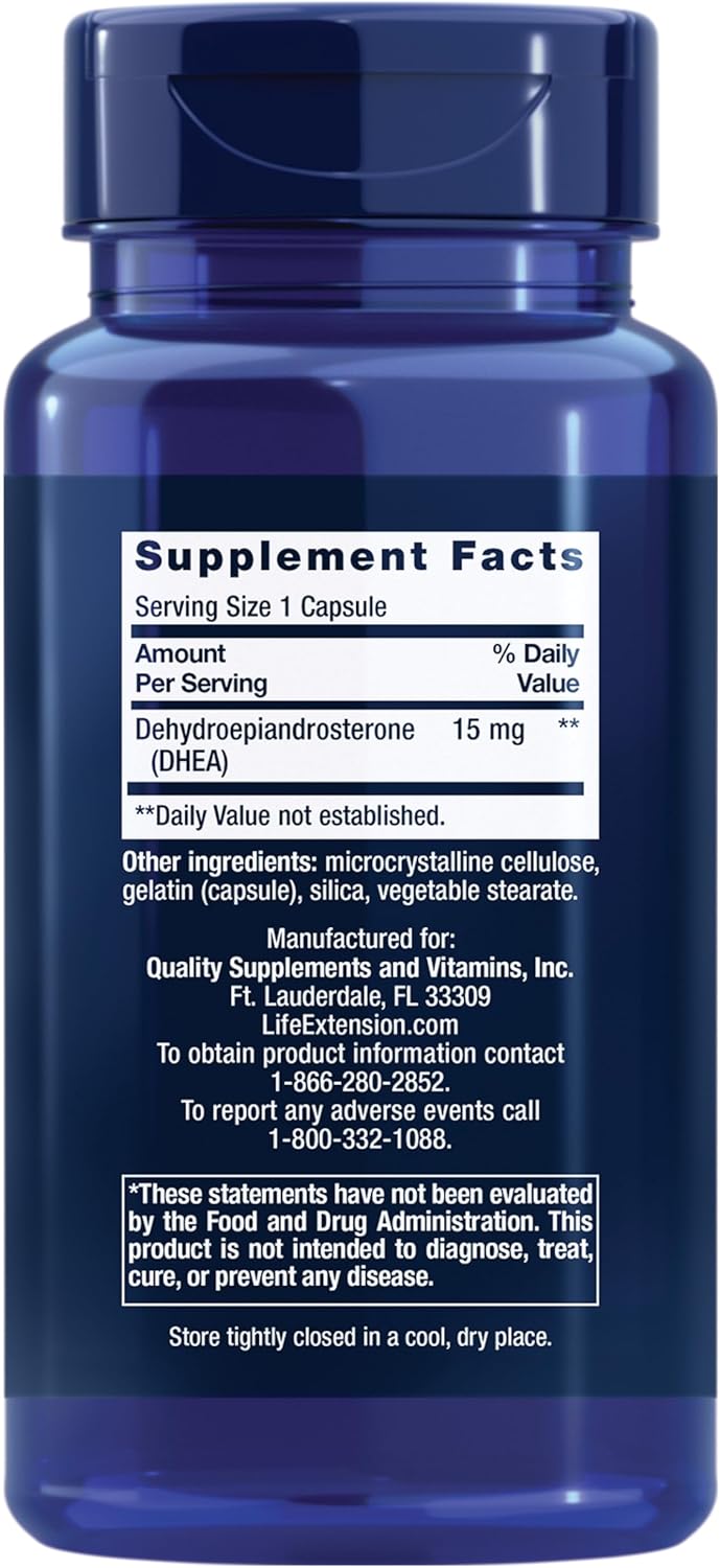 15 mg DHEA Capsules for Hormone Balance, Cardiovascular Health, Lean Muscle Mass, 100ct Gluten-Free Non-GMO