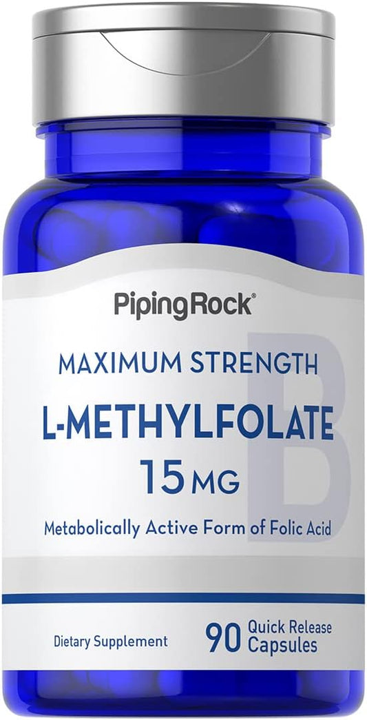 15 mg L Methylfolate Capsules - 90 Count | High Strength Folic Acid Supplement | Non-GMO & Gluten Free | Piping Rock