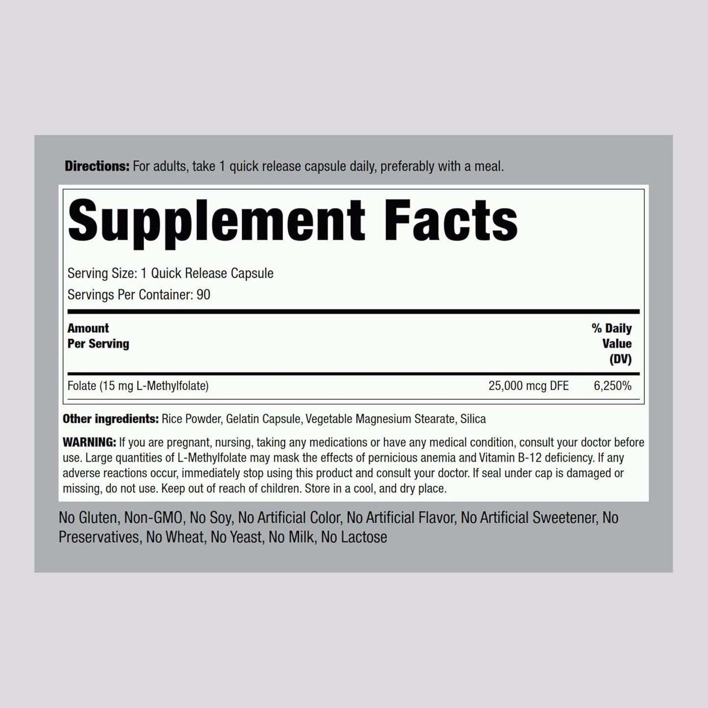 15 mg L Methylfolate Capsules - 90 Count | High Strength Folic Acid Supplement | Non-GMO & Gluten Free | Piping Rock