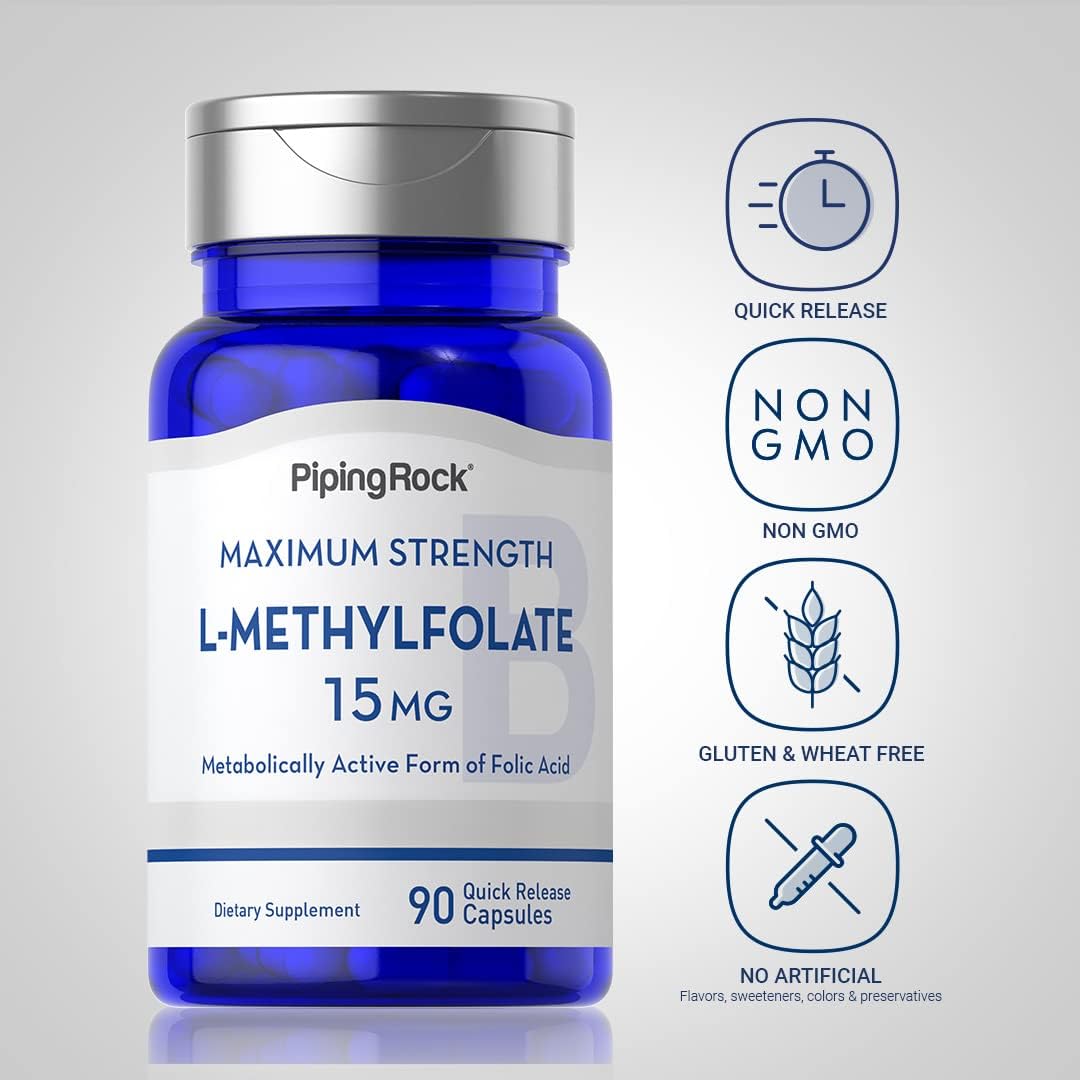 15 mg L Methylfolate Capsules - 90 Count | High Strength Folic Acid Supplement | Non-GMO & Gluten Free | Piping Rock