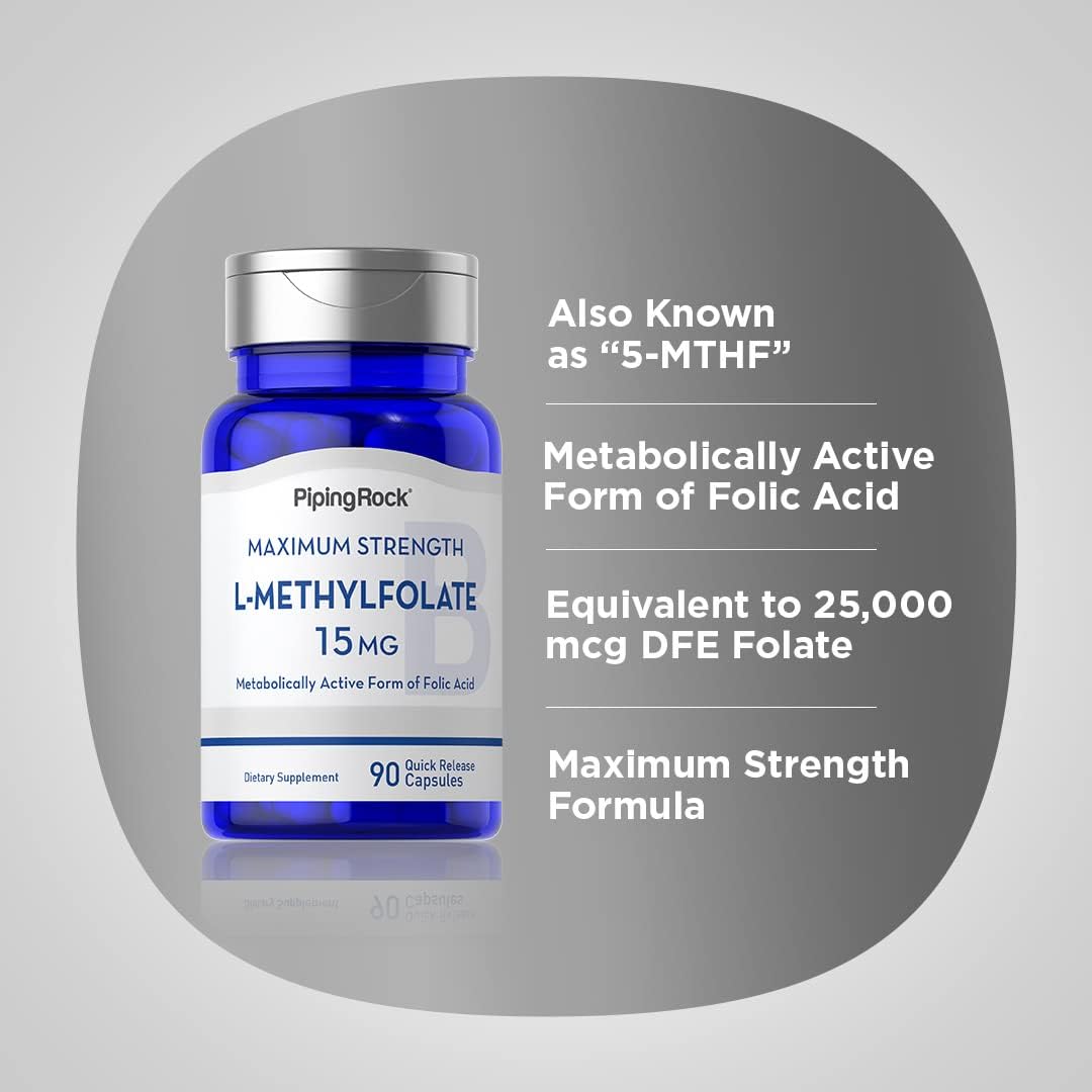 15 mg L Methylfolate Capsules - 90 Count | High Strength Folic Acid Supplement | Non-GMO & Gluten Free | Piping Rock