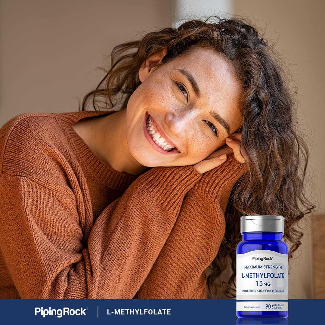 15 mg L Methylfolate Capsules - 90 Count | High Strength Folic Acid Supplement | Non-GMO & Gluten Free | Piping Rock