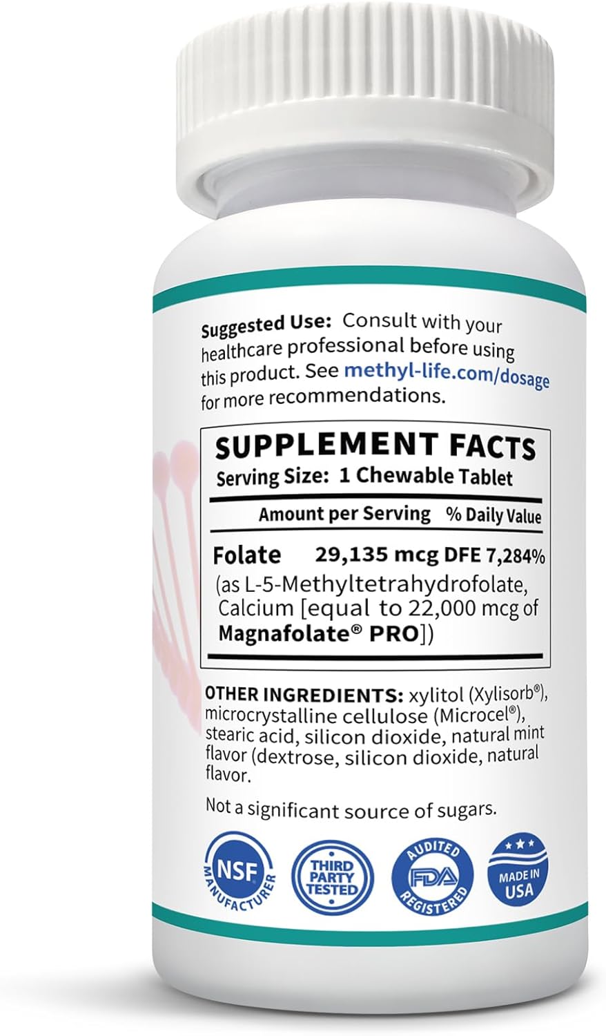 15 mg Methyl-Life L-Methylfolate Chewables - 3 Month Supply - Non-GMO Gluten Free Folate - Natural Mint Flavor - Pharmaceutical Grade