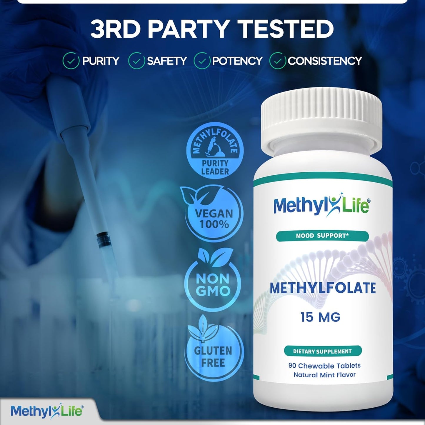15 mg Methyl-Life L-Methylfolate Chewables - 3 Month Supply - Non-GMO Gluten Free Folate - Natural Mint Flavor - Pharmaceutical Grade