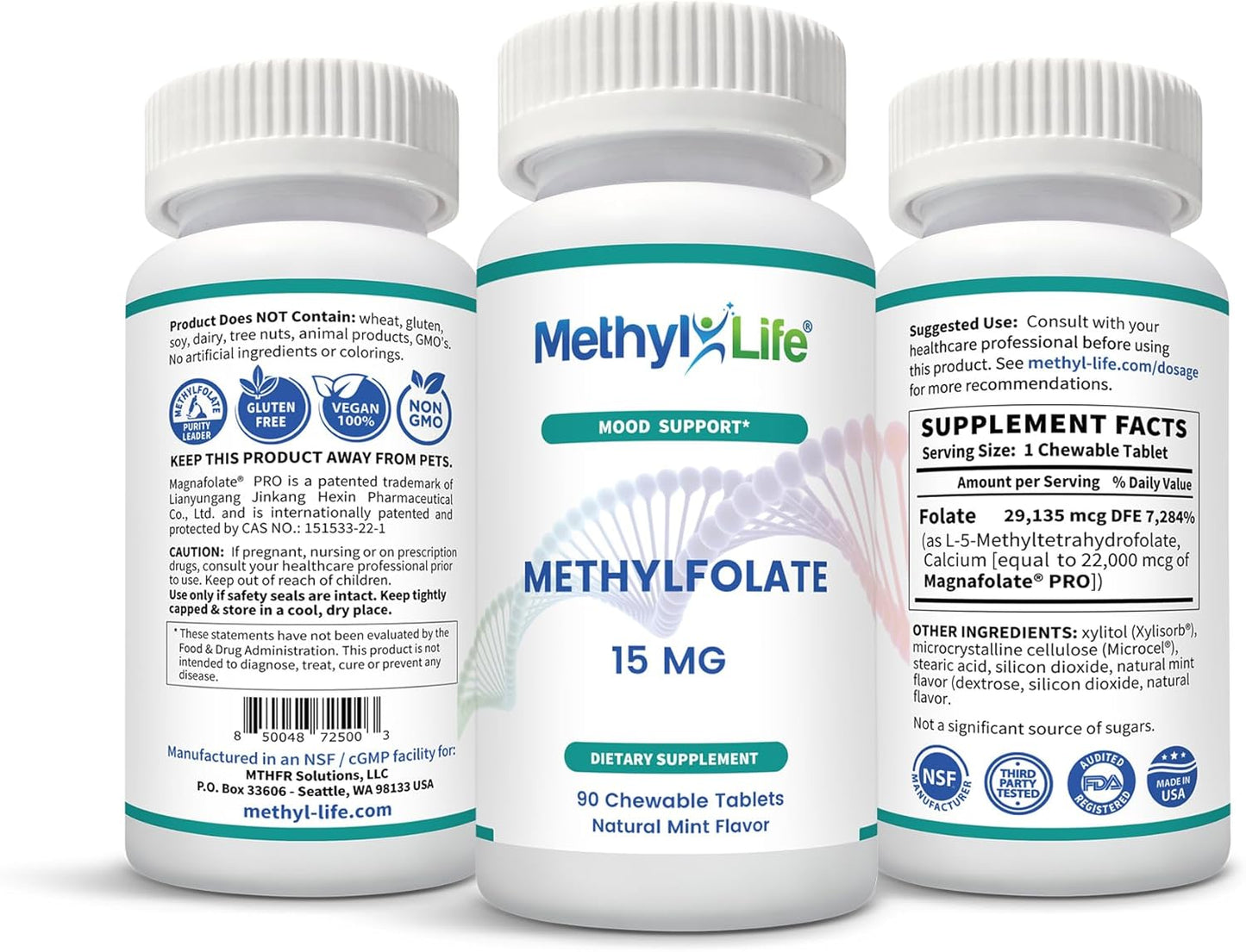 15 mg Methyl-Life L-Methylfolate Chewables - 3 Month Supply - Non-GMO Gluten Free Folate - Natural Mint Flavor - Pharmaceutical Grade