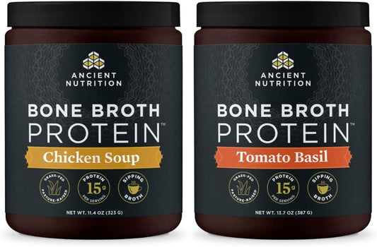 15 Servings of Ancient Nutrition Bone Broth Protein Powder in Chicken Soup and Tomato Basil Flavors