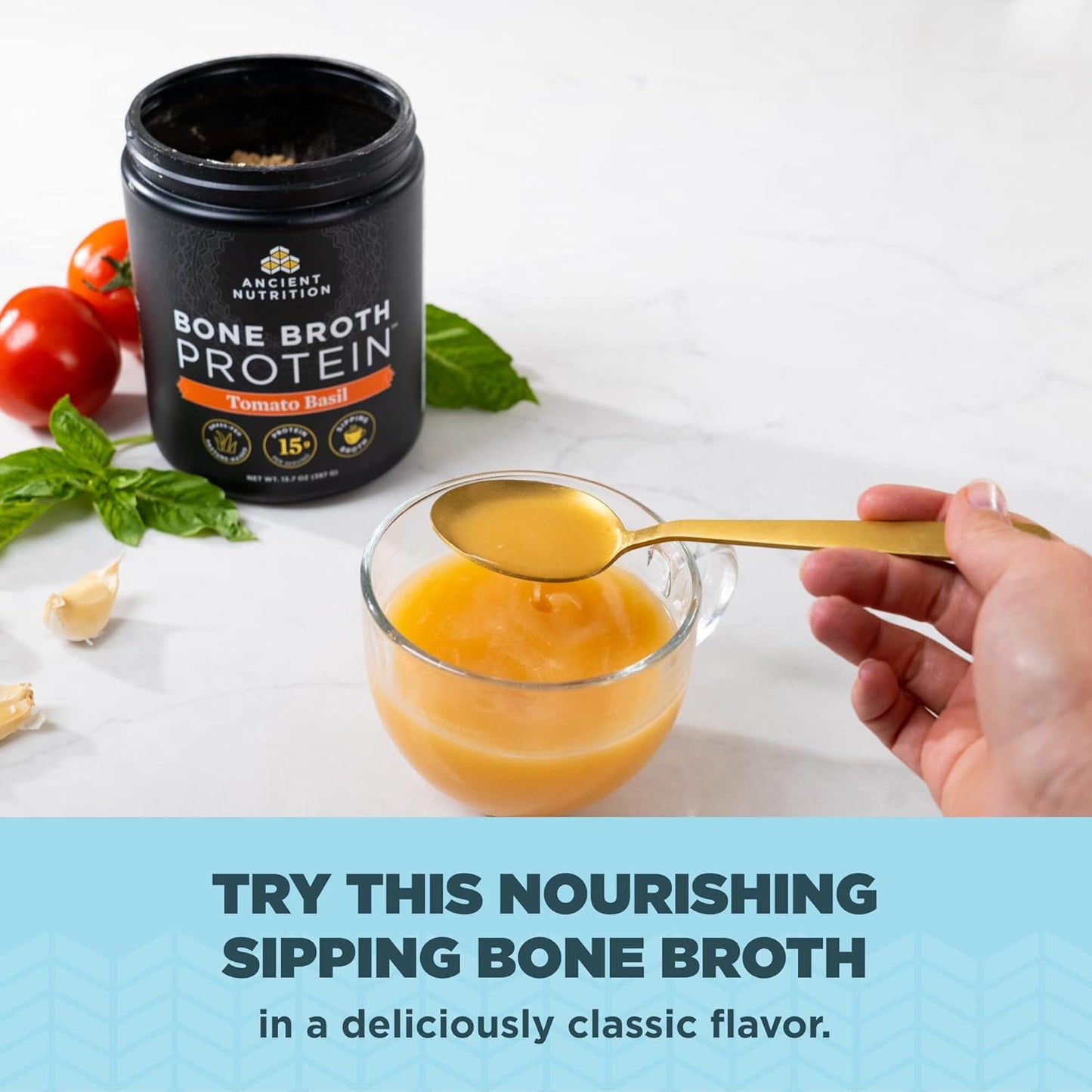 15 Servings of Ancient Nutrition Bone Broth Protein Powder in Chicken Soup and Tomato Basil Flavors