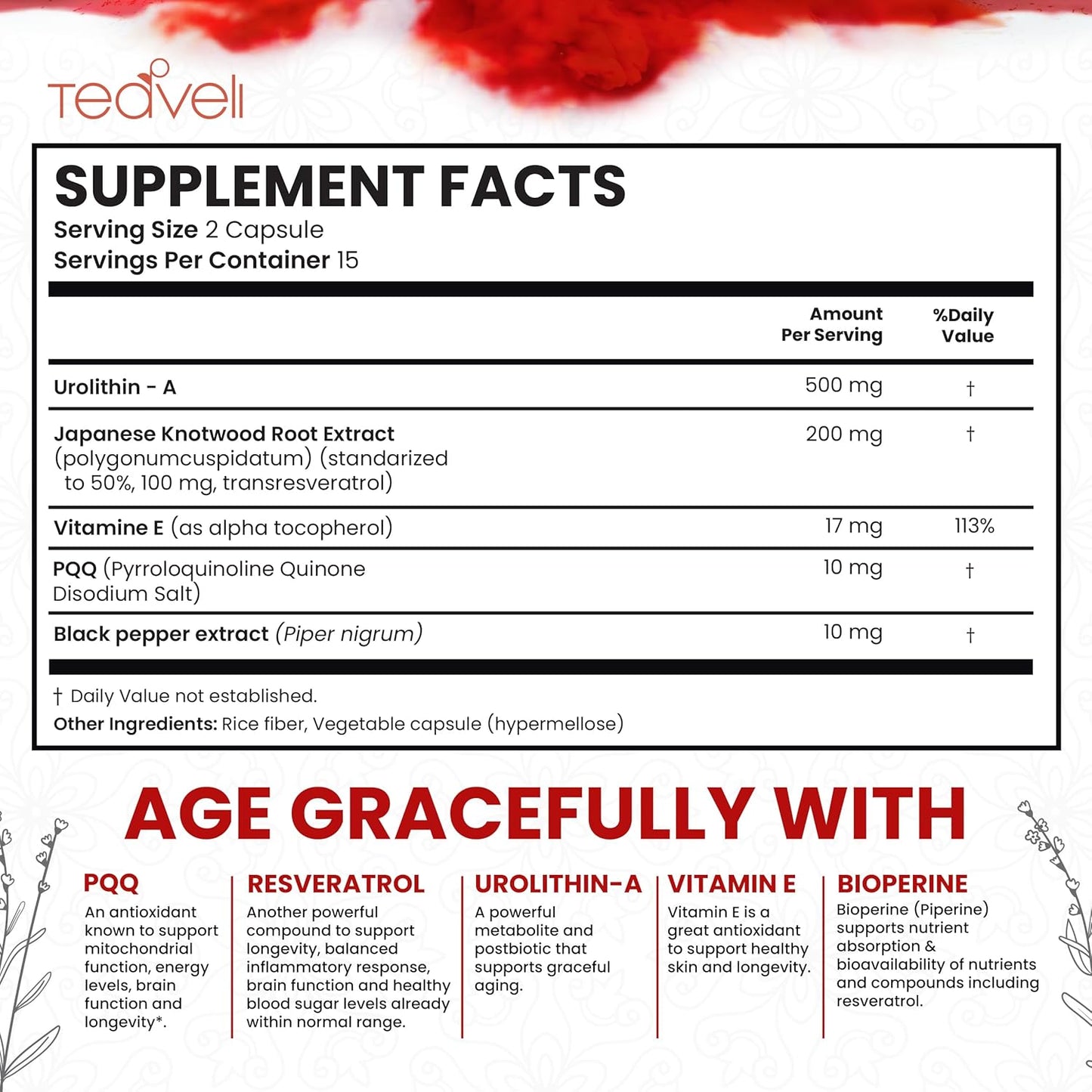 15 Servings of Teaveli Advanced Urolithin A & Stem Cell Supplement - Boost NAD+ and Energy with Resveratrol, PQQ, Vitamin E & Bioperine