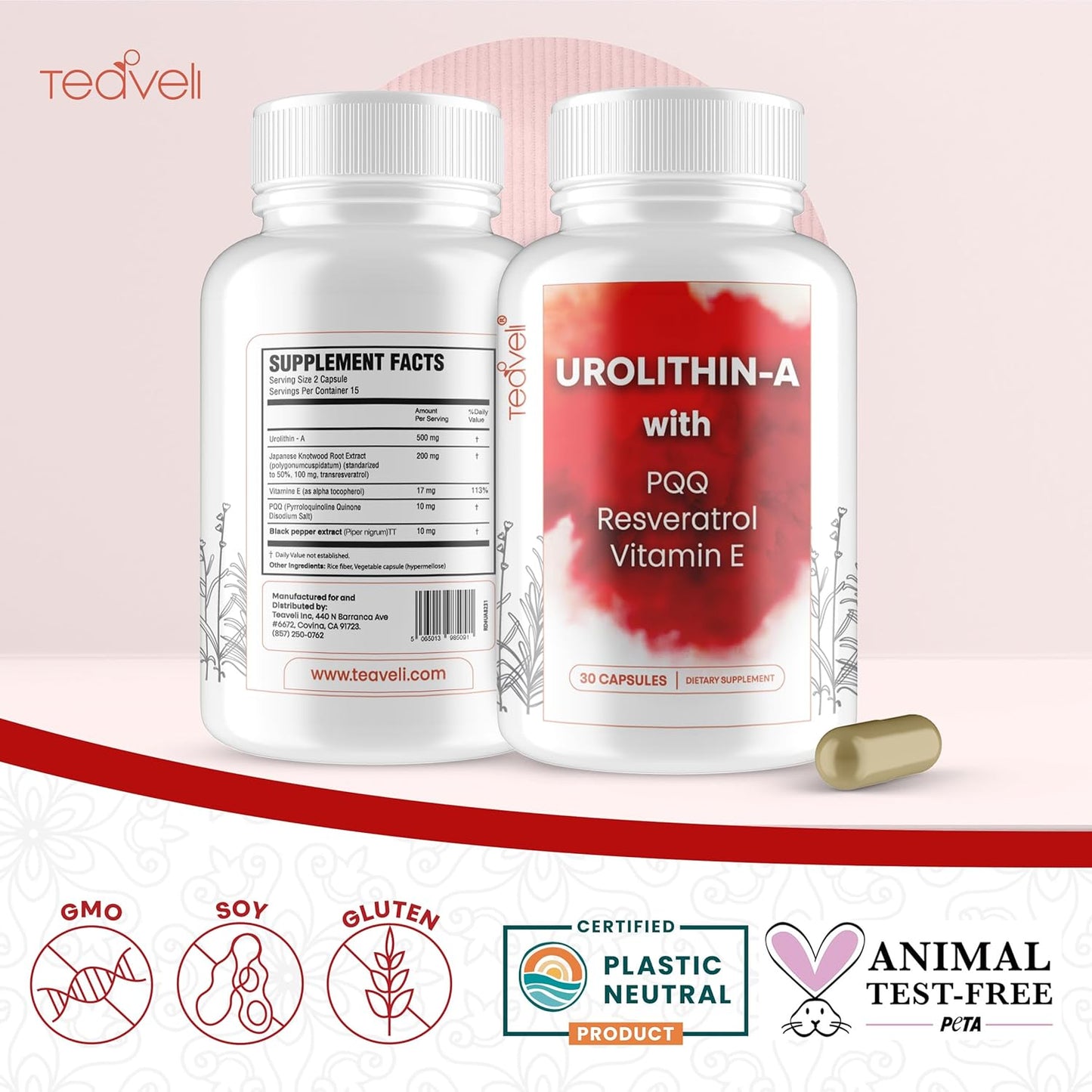 15 Servings of Teaveli Advanced Urolithin A & Stem Cell Supplement - Boost NAD+ and Energy with Resveratrol, PQQ, Vitamin E & Bioperine