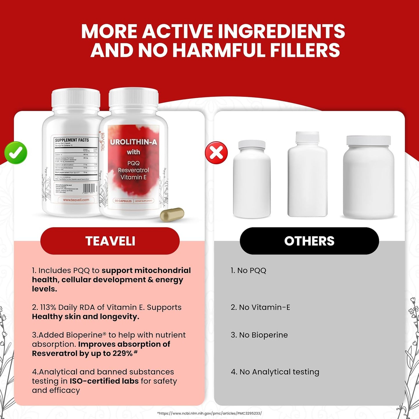 15 Servings of Teaveli Advanced Urolithin A & Stem Cell Supplement - Boost NAD+ and Energy with Resveratrol, PQQ, Vitamin E & Bioperine