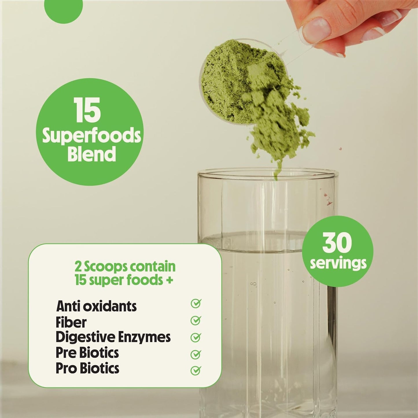 15 Super Greens Detox Powder with Spirulina, Moringa, Wheatgrass - Antioxidants, Probiotics - Mango Flavor, No Maltodextrin - 30 Servings