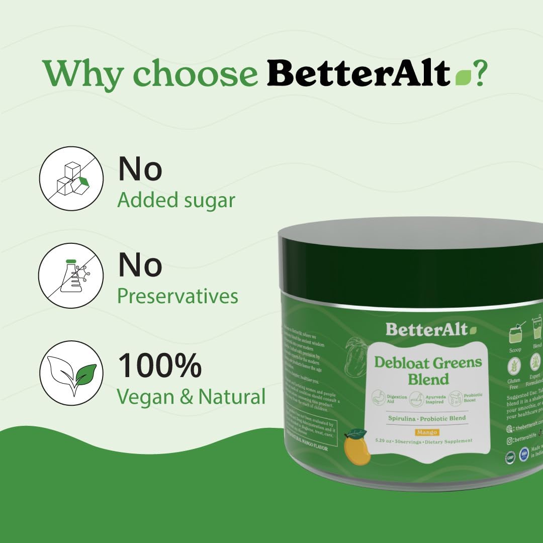 15 Super Greens Detox Powder with Spirulina, Moringa, Wheatgrass - Antioxidants, Probiotics - Mango Flavor, No Maltodextrin - 30 Servings