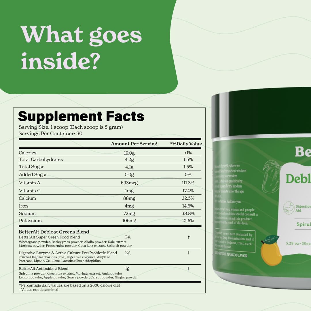 15 Super Greens Detox Powder with Spirulina, Moringa, Wheatgrass - Antioxidants, Probiotics - Mango Flavor, No Maltodextrin - 30 Servings