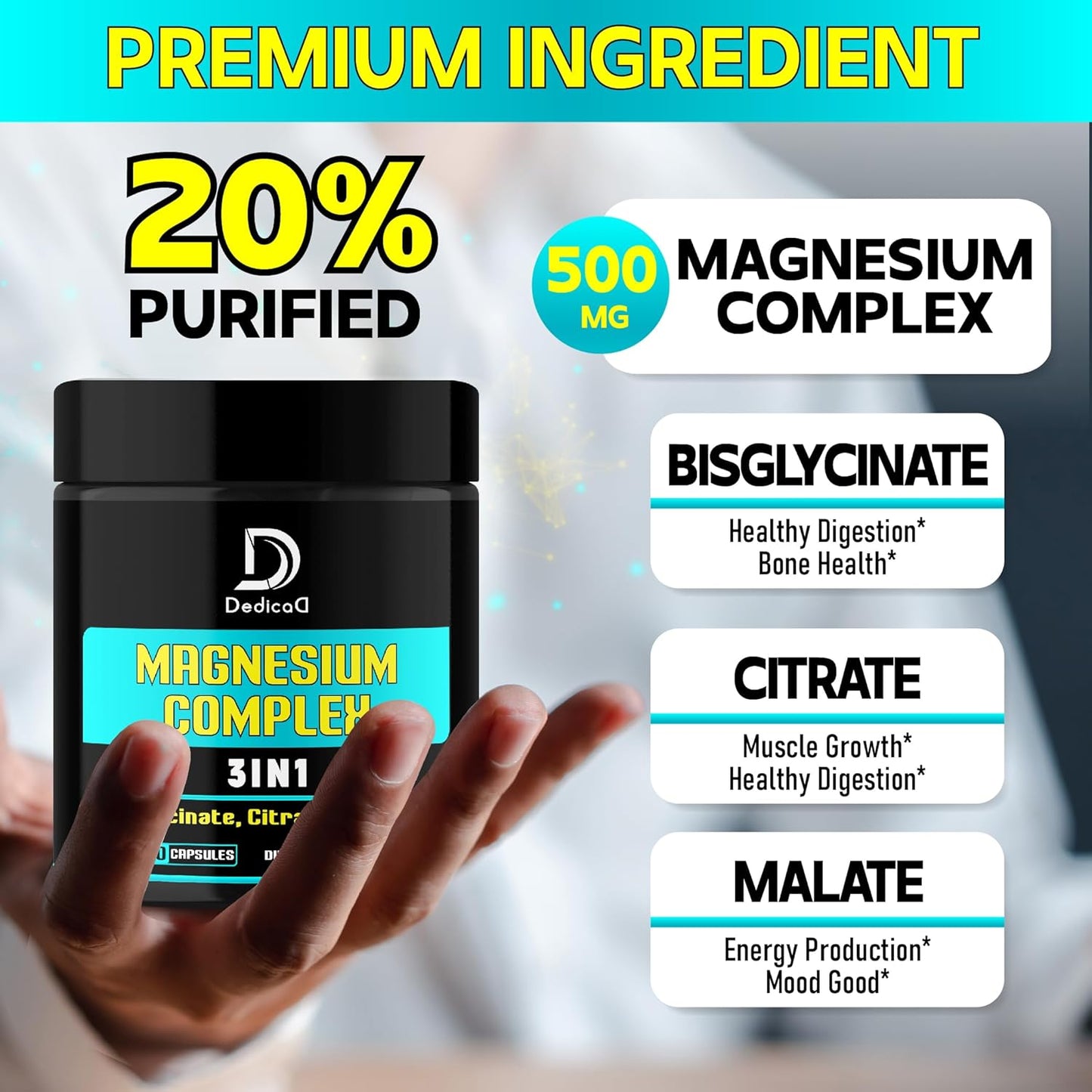 150 Capsules DEDICAD Triple Magnesium Complex Supplement - 100mg Elemental Magnesium for Energy, Muscle, Brain, Immune Health - Bisglycinate, Citrate, Oxide Formula