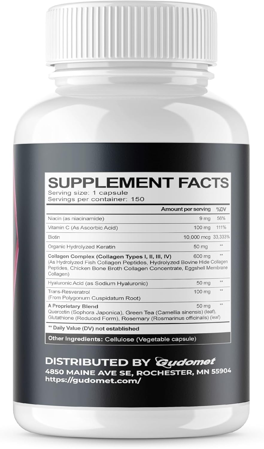 150 Capsules GUDOMET Collagen Biotin Vitamin C Niacin Trans-Resveratrol Hyaluronic Acid Quercetin Green Tea Glutathione Rosemary Supplement USA