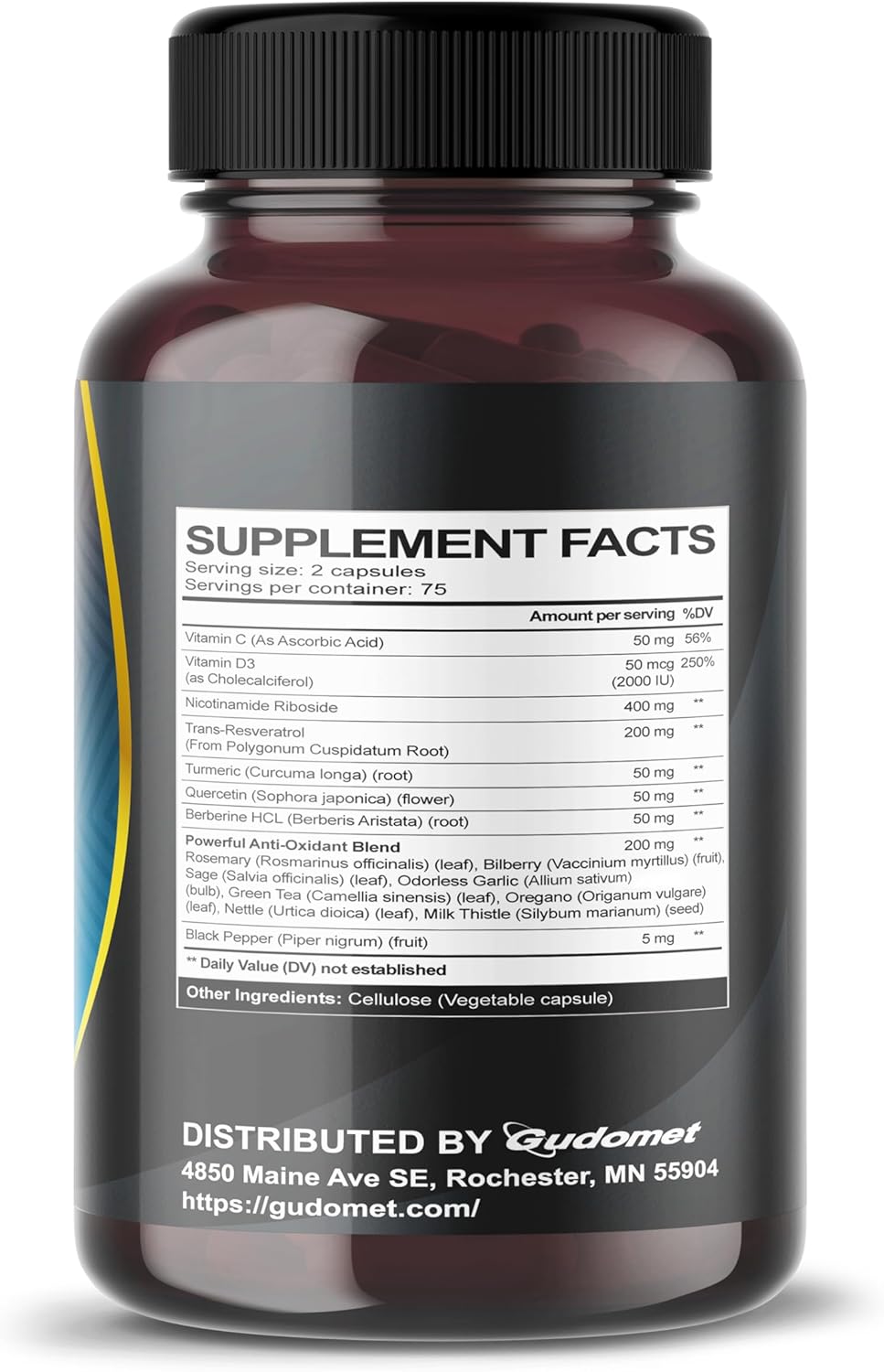150 Capsules GUDOMET NAD+ Boosting Supplement with Trans-Resveratrol, Turmeric, Quercetin, and More - Made in USA