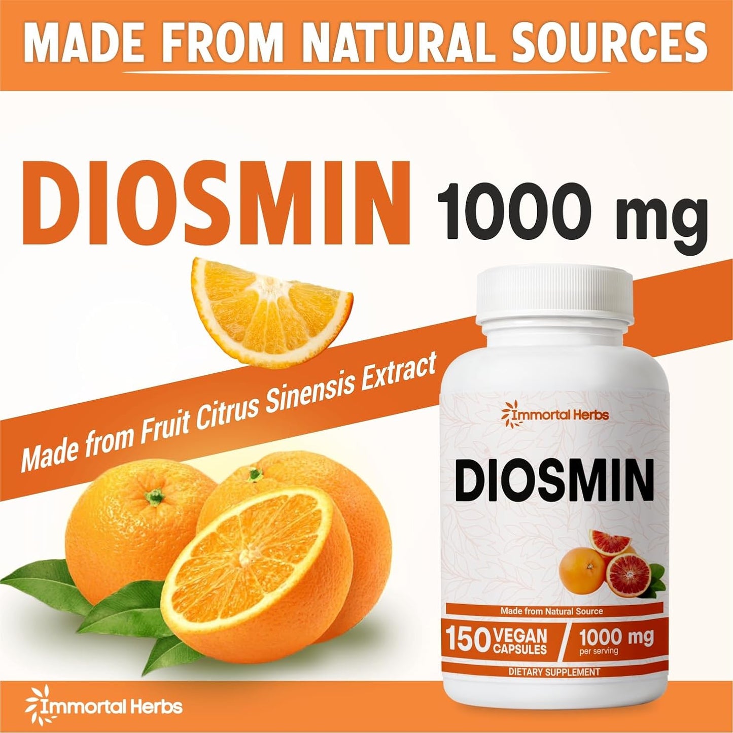 150 Capsules Immortal Herbs Pure Diosmin 1000mg Complex Formula with Citrus Bioflavonoids - Vegetarian, Non-GMO, Gluten Free Diosmin Supplement