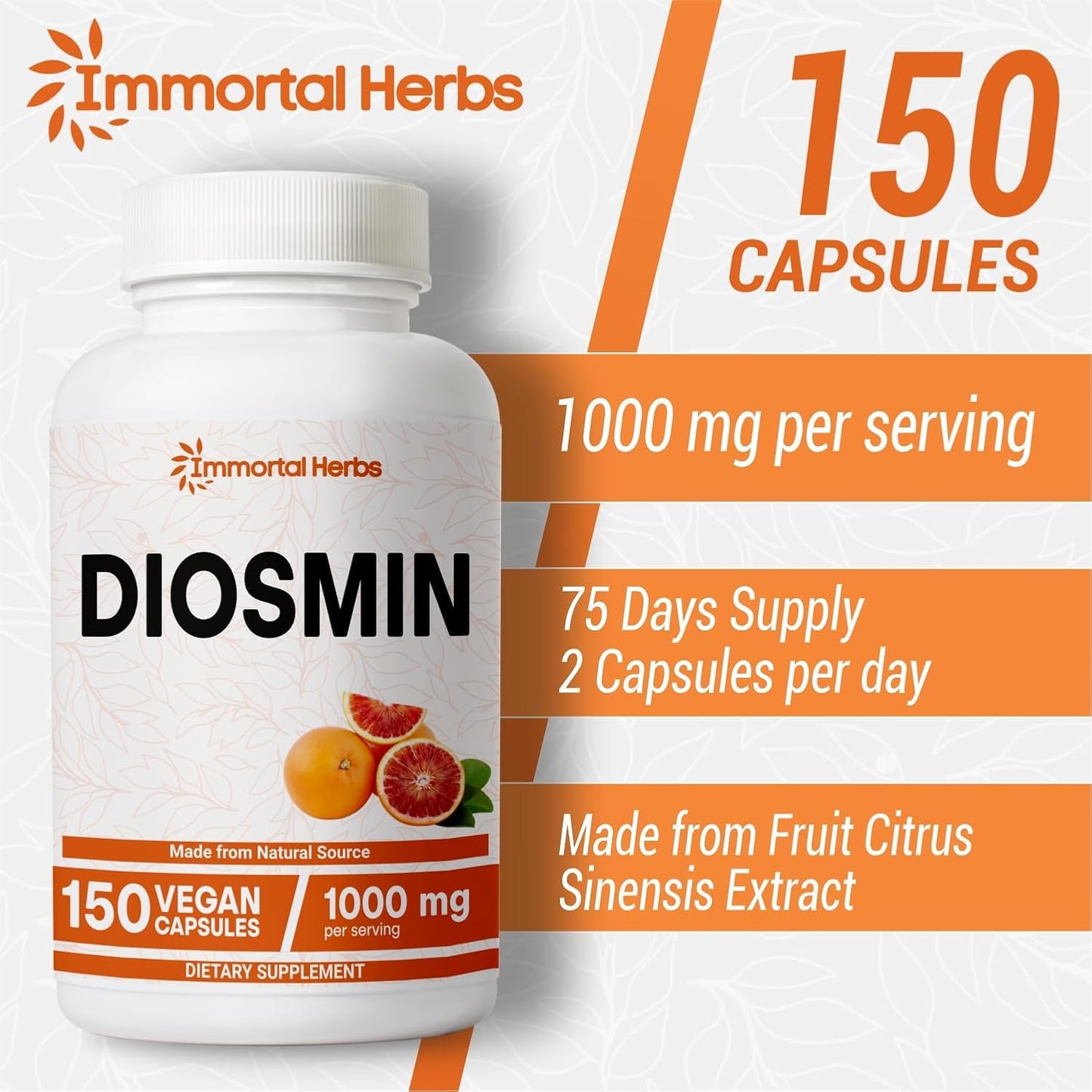 150 Capsules Immortal Herbs Pure Diosmin 1000mg Complex Formula with Citrus Bioflavonoids - Vegetarian, Non-GMO, Gluten Free Diosmin Supplement