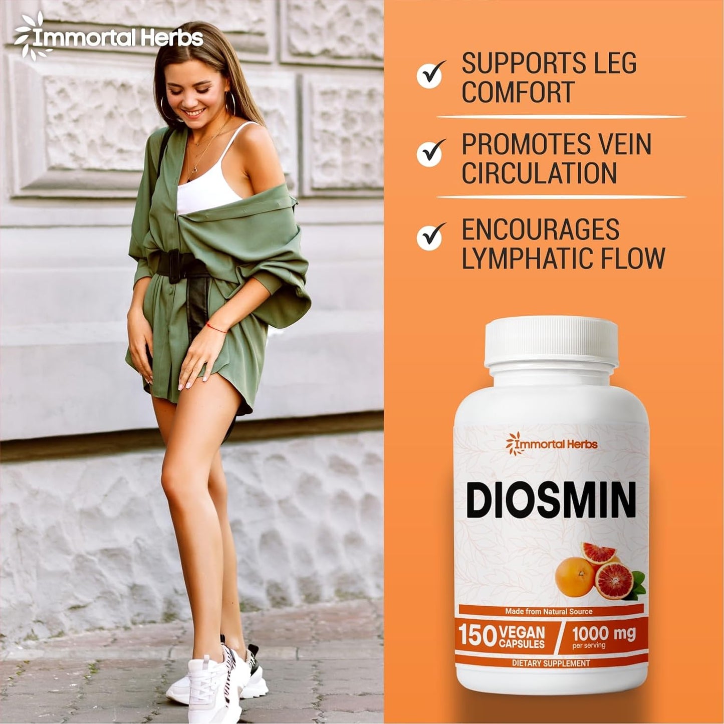 150 Capsules Immortal Herbs Pure Diosmin 1000mg Complex Formula with Citrus Bioflavonoids - Vegetarian, Non-GMO, Gluten Free Diosmin Supplement