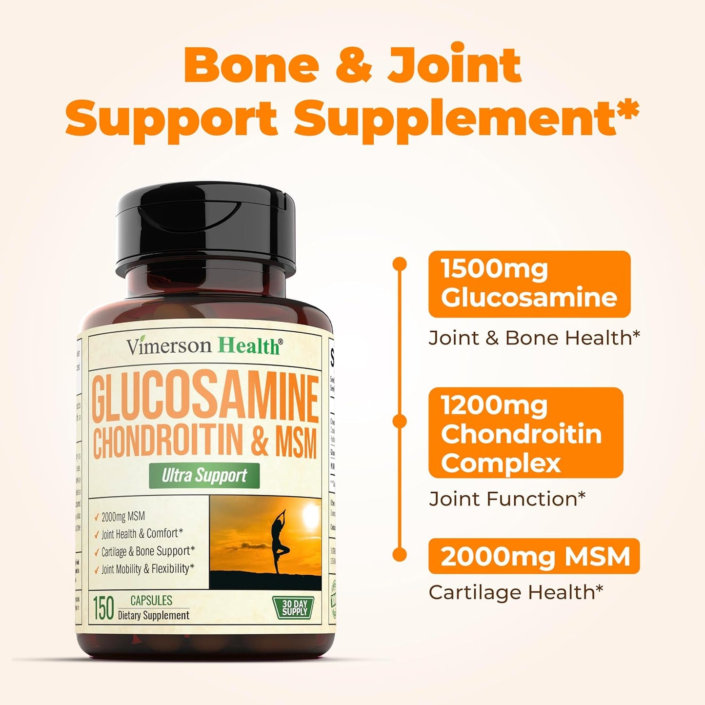 150 Capsules Joint Support Supplement with Glucosamine, Chondroitin, and MSM for Men and Women by Vimerson Health