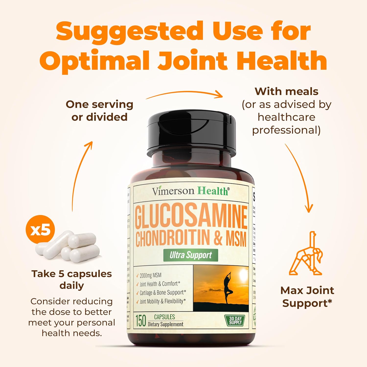 150 Capsules Joint Support Supplement with Glucosamine, Chondroitin, and MSM for Men and Women by Vimerson Health