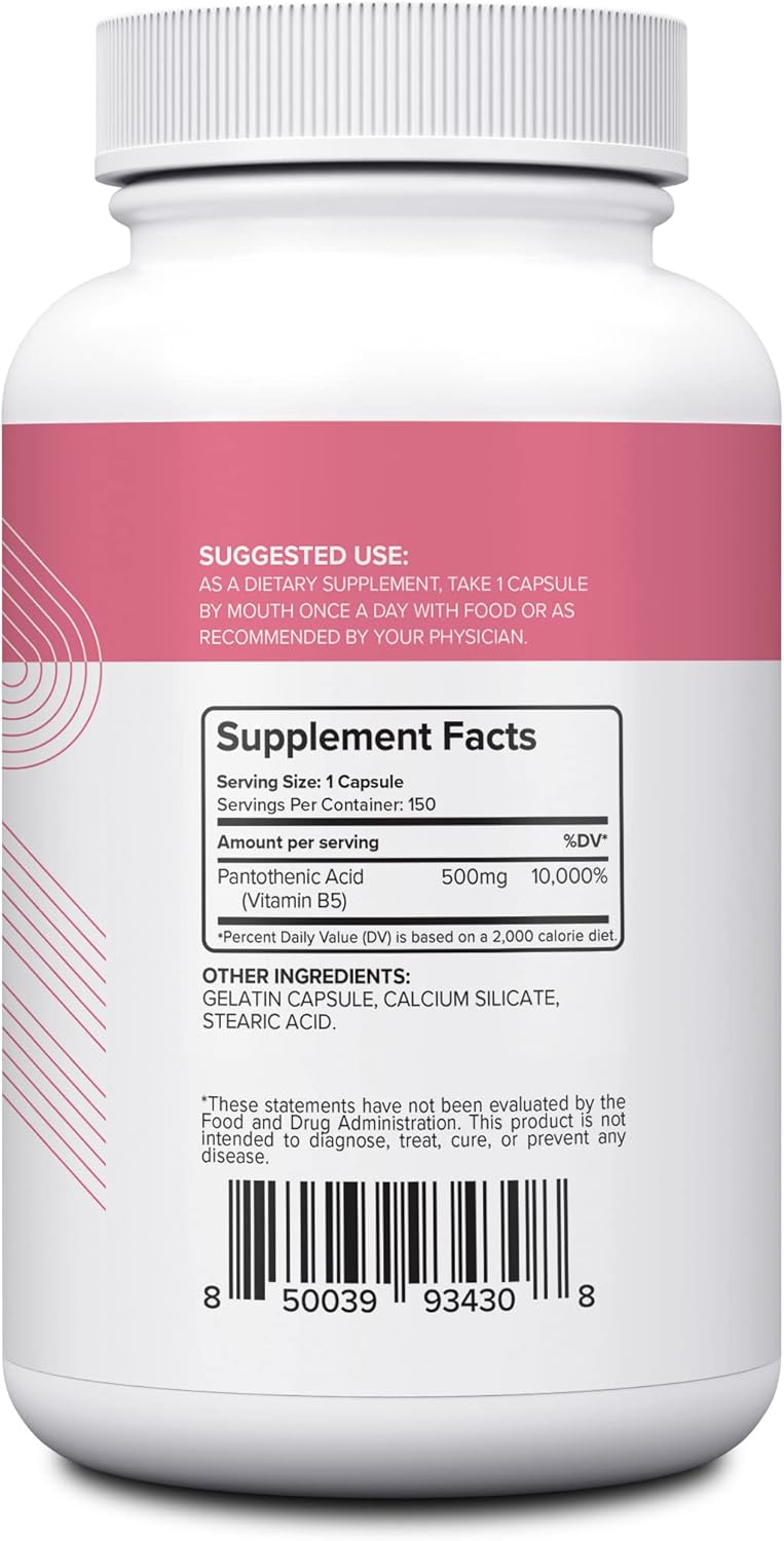 150 Capsules NUI NUTRA Pantothenic Acid (Vitamin B5) Supplement 500mg - Boosts Energy, Focus, Digestion, & Skin Health