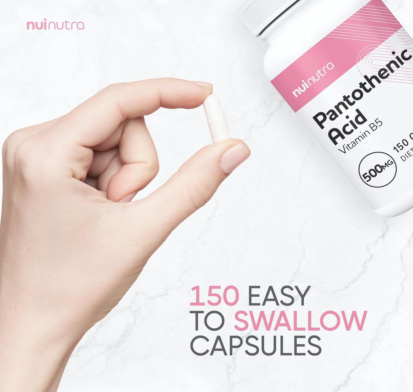 150 Capsules NUI NUTRA Pantothenic Acid (Vitamin B5) Supplement 500mg - Boosts Energy, Focus, Digestion, & Skin Health