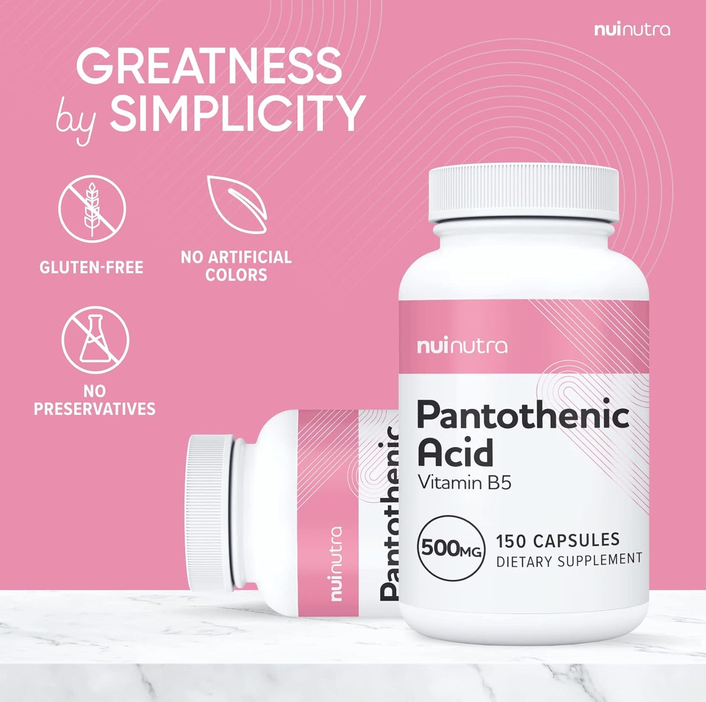150 Capsules NUI NUTRA Pantothenic Acid (Vitamin B5) Supplement 500mg - Boosts Energy, Focus, Digestion, & Skin Health