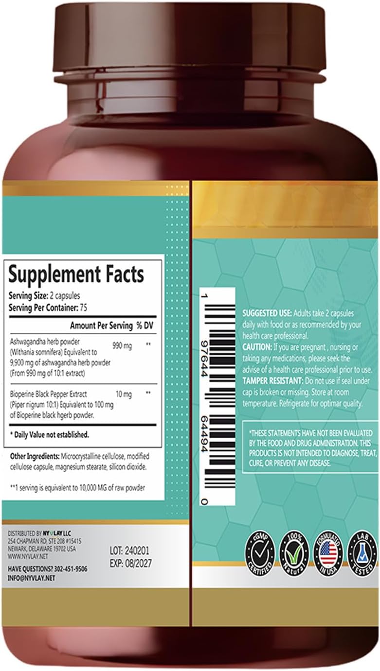 150 Capsules NYVLAY Ashwagandha Supplement for Stress Relief, Energy Boost, and Immune Support - 1000 MG, Natural & Gluten-Free