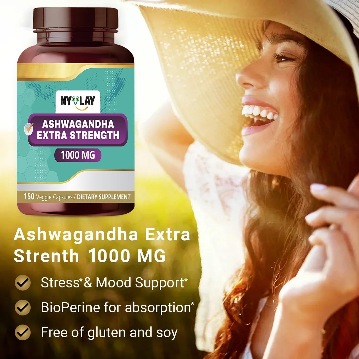 150 Capsules NYVLAY Ashwagandha Supplement for Stress Relief, Energy Boost, and Immune Support - 1000 MG, Natural & Gluten-Free