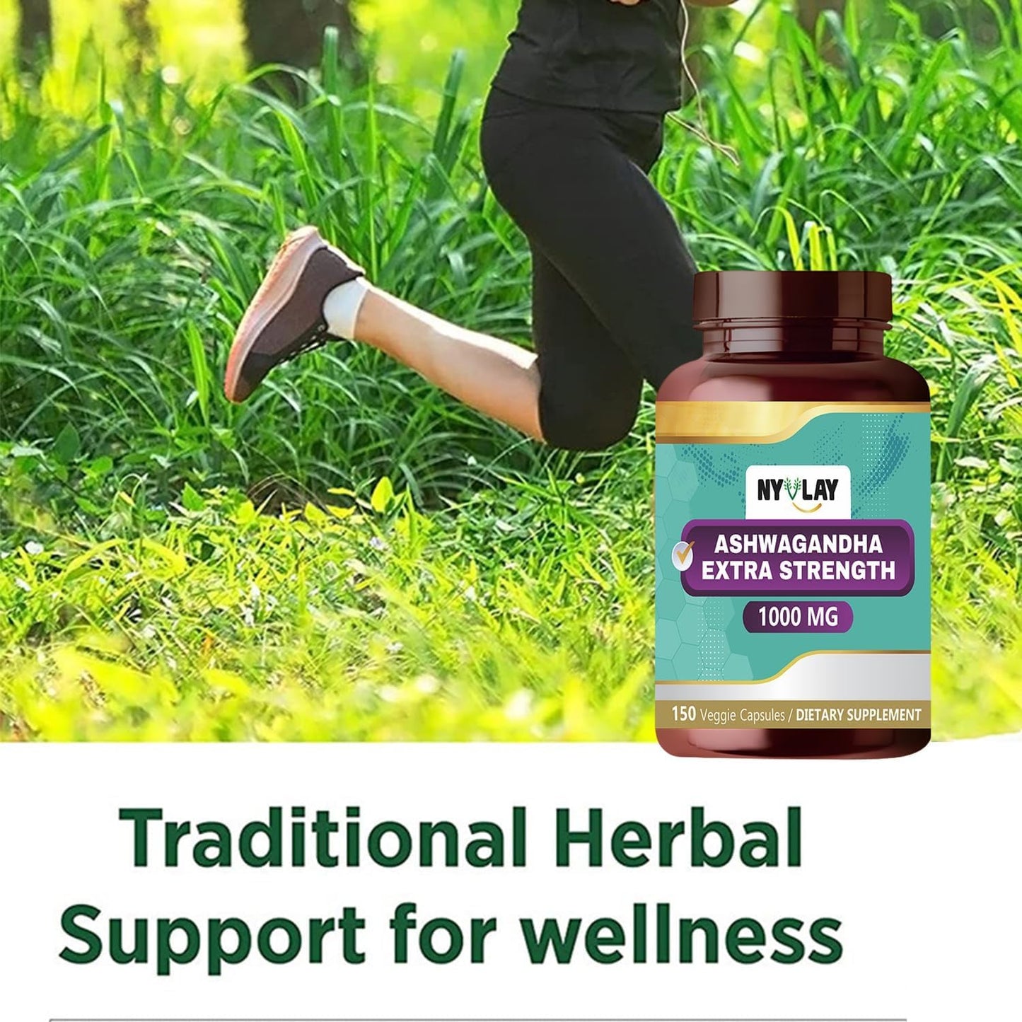 150 Capsules NYVLAY Ashwagandha Supplement for Stress Relief, Energy Boost, and Immune Support - 1000 MG, Natural & Gluten-Free