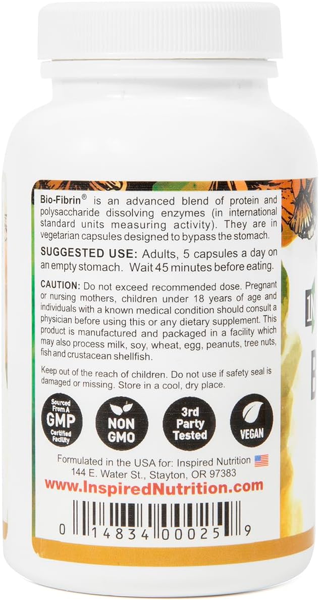 150 Capsules of Inspired Nutrition Bio-Fibrin ® Multi-Enzyme Supplement for Fibrin Defense with Proteolytic Enzymes