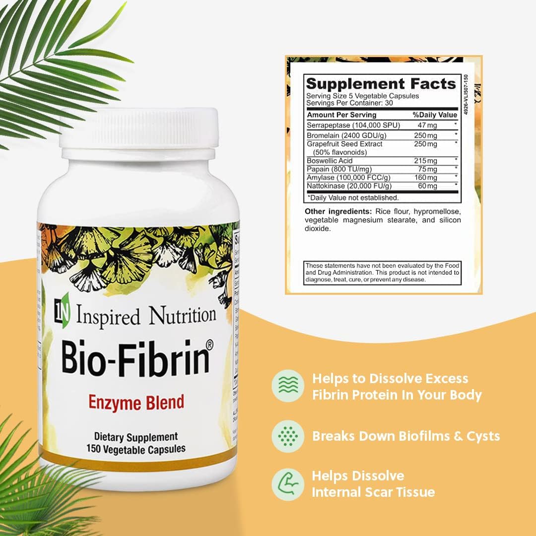 150 Capsules of Inspired Nutrition Bio-Fibrin ® Multi-Enzyme Supplement for Fibrin Defense with Proteolytic Enzymes