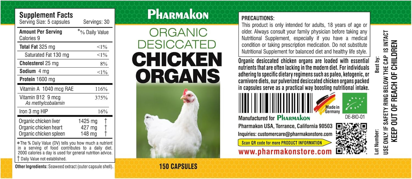 150 Capsules of PHARMAKON Desiccated Chicken Liver, Heart, and Spleen Organ Supplement