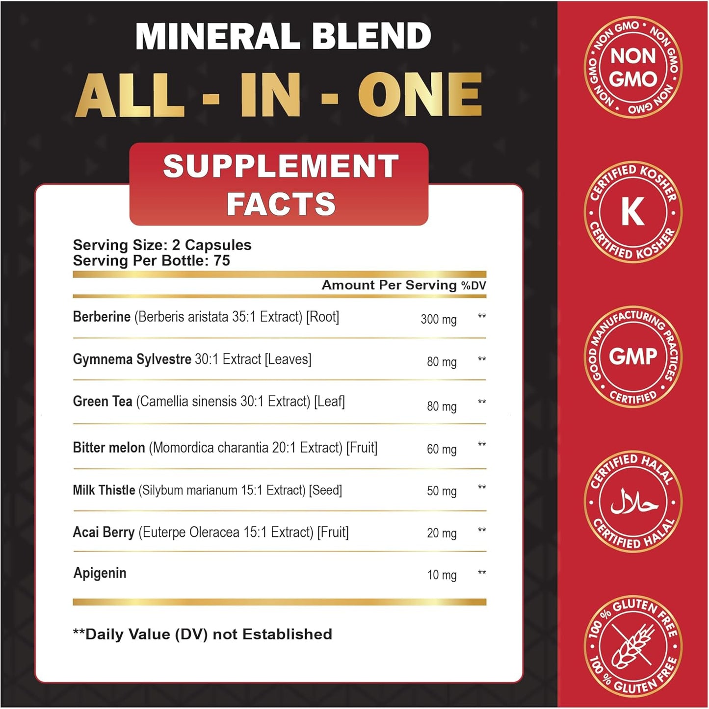 150 Capsules Organic Cadane Berberine Extract 35:1 Supplement with Gymnema Sylvestre, Green Tea - Immune System and Digestive Health Support