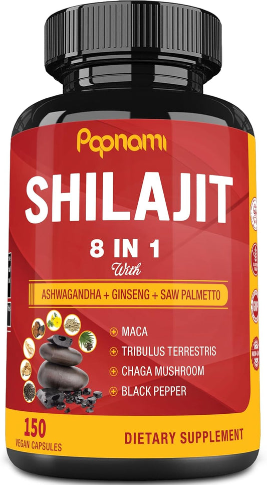 150 Capsules Papnami Shilajit Himalayan Supplement for Men & Women with Ashwagandha, Ginseng, Saw Palmetto, Maca, Tribulus, Chaga, and Black Pepper - Supports Vitality, Energy, and Immune System