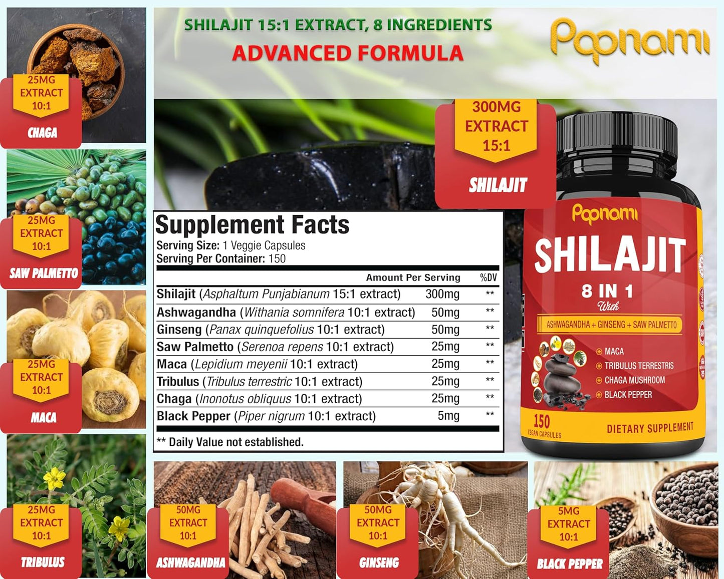 150 Capsules Papnami Shilajit Himalayan Supplement for Men & Women with Ashwagandha, Ginseng, Saw Palmetto, Maca, Tribulus, Chaga, and Black Pepper - Supports Vitality, Energy, and Immune System