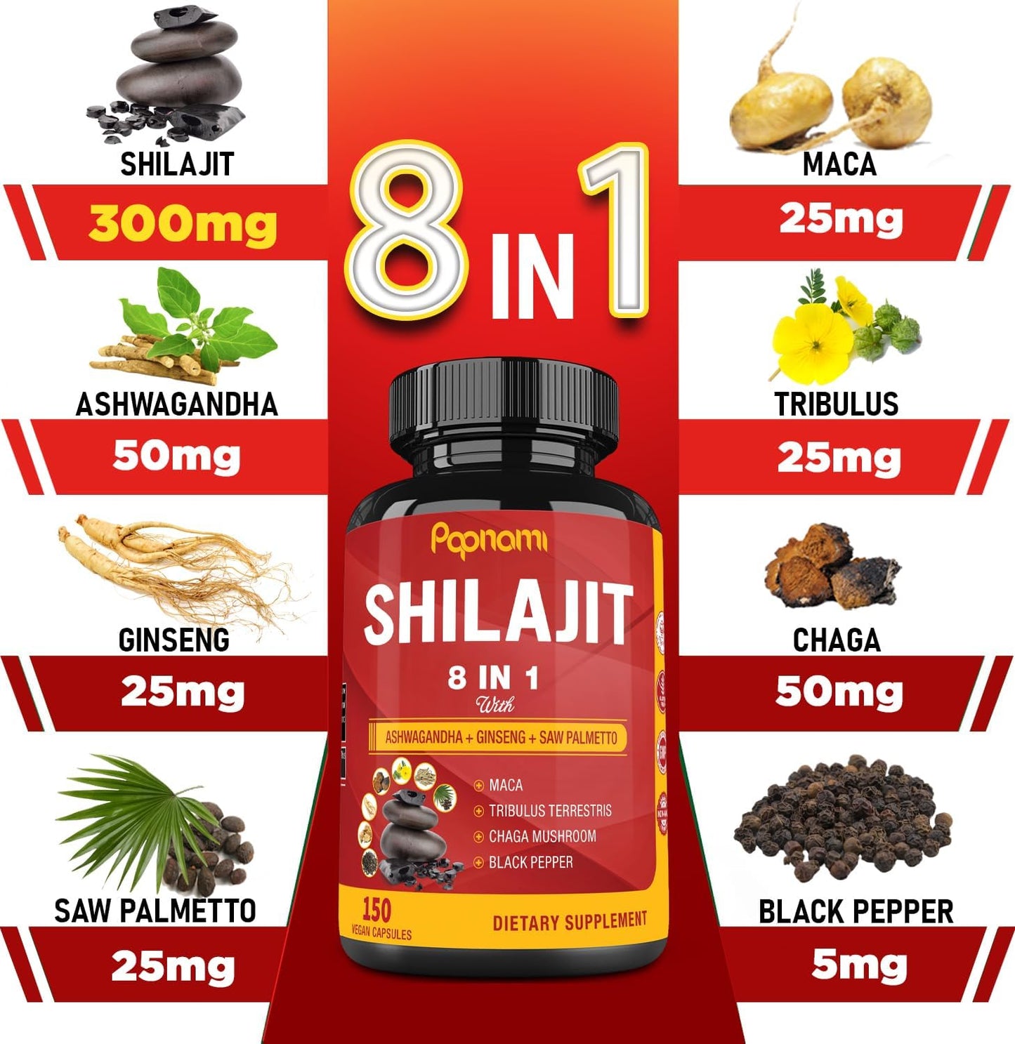 150 Capsules Papnami Shilajit Himalayan Supplement for Men & Women with Ashwagandha, Ginseng, Saw Palmetto, Maca, Tribulus, Chaga, and Black Pepper - Supports Vitality, Energy, and Immune System