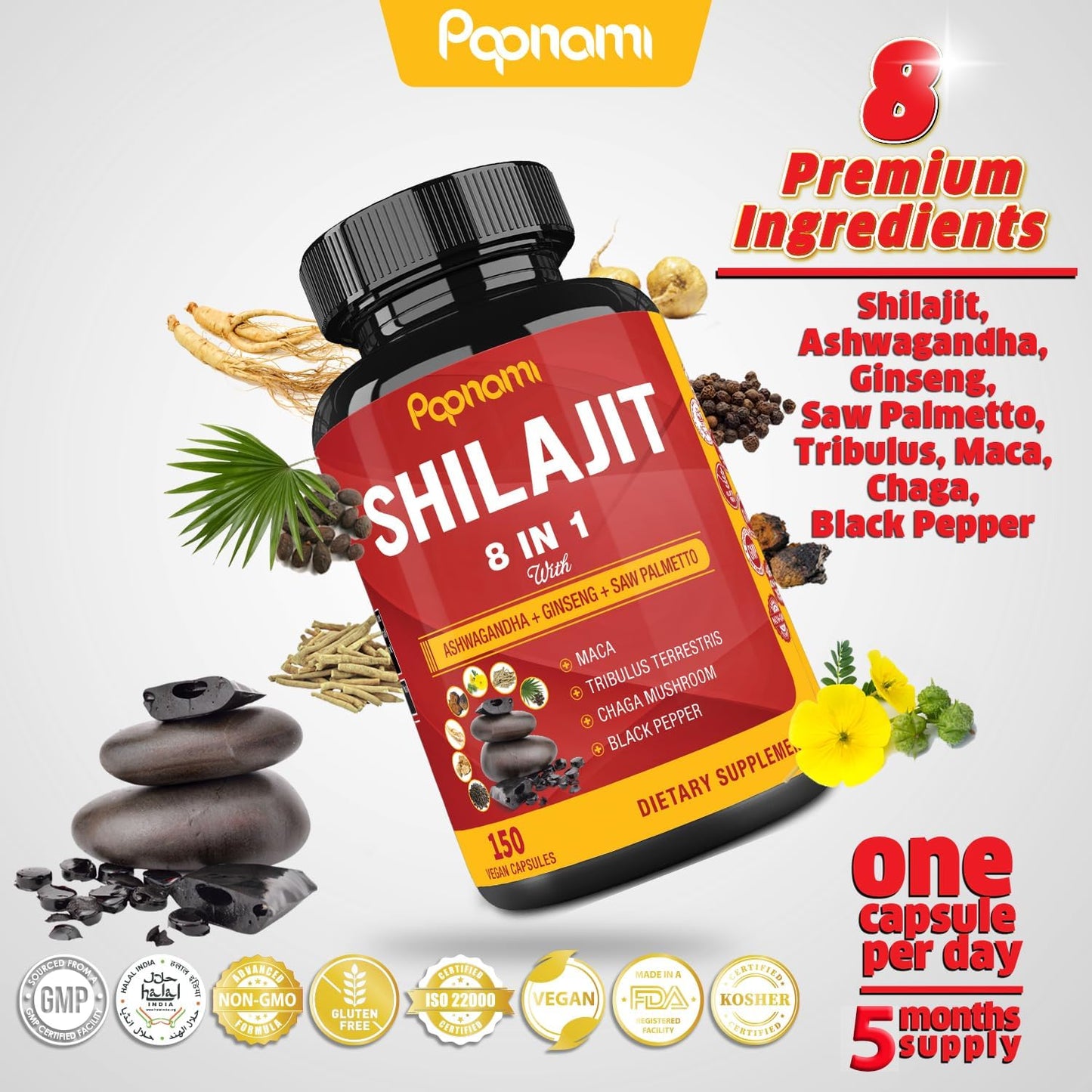 150 Capsules Papnami Shilajit Himalayan Supplement for Men & Women with Ashwagandha, Ginseng, Saw Palmetto, Maca, Tribulus, Chaga, and Black Pepper - Supports Vitality, Energy, and Immune System