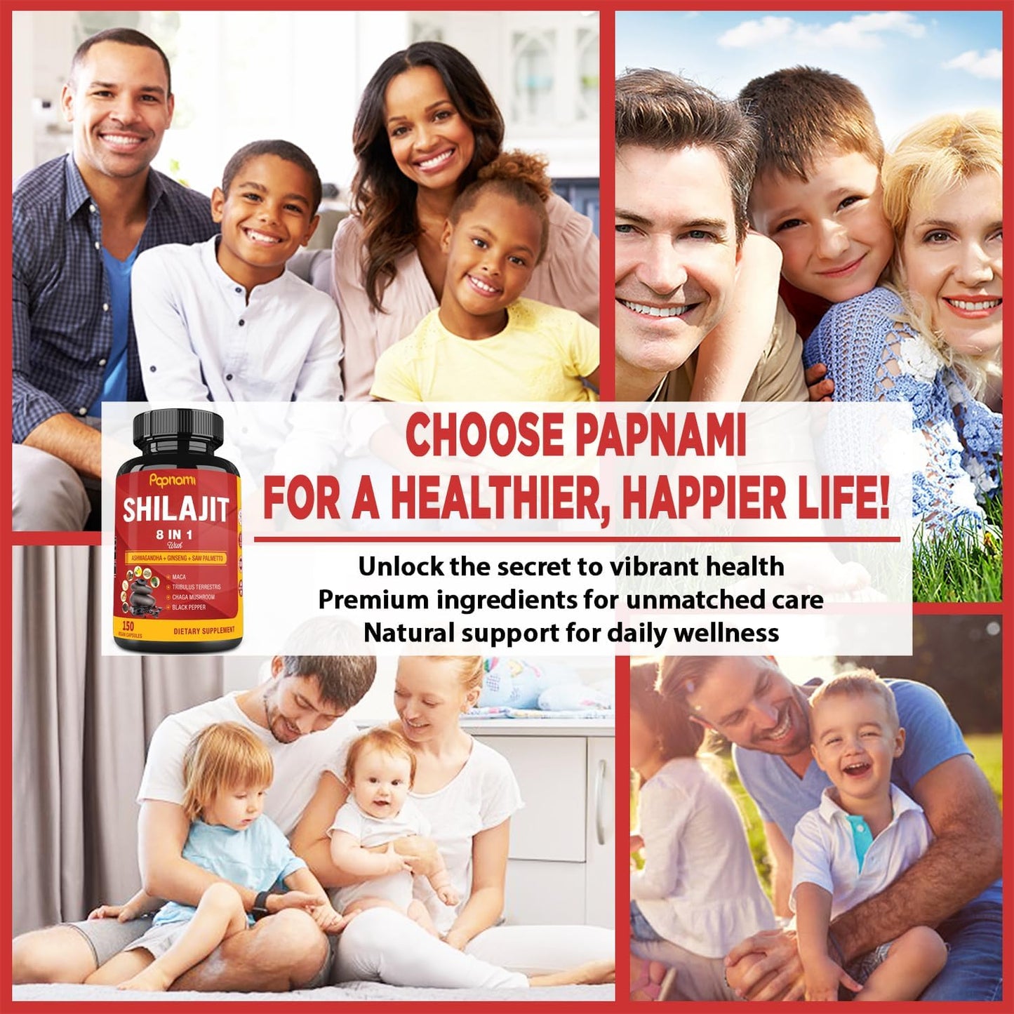150 Capsules Papnami Shilajit Himalayan Supplement for Men & Women with Ashwagandha, Ginseng, Saw Palmetto, Maca, Tribulus, Chaga, and Black Pepper - Supports Vitality, Energy, and Immune System