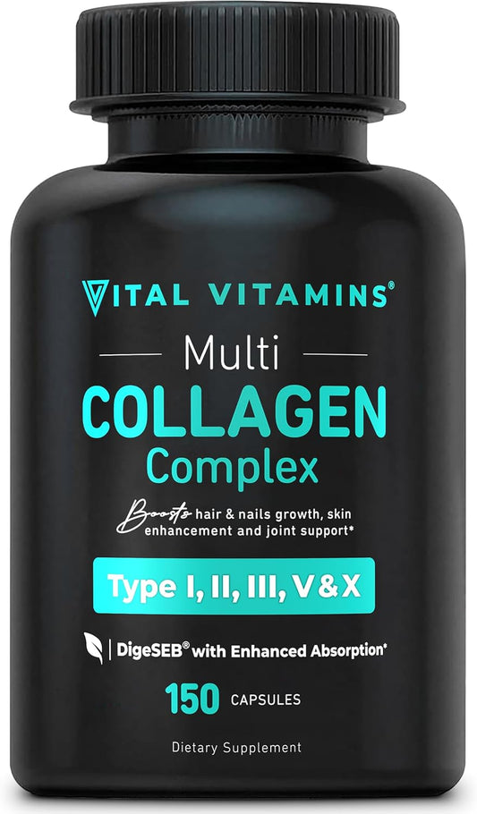 150 Capsules Vital Vitamins Type I, II, III, V, X Multi Collagen for Women & Men - Grass Fed, Non-GMO