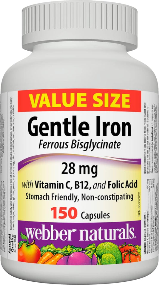 150 Capsules Webber Naturals Gentle Iron Supplement with Vitamin C, B12, and Folic Acid - 28mg, Non-Constipating & Stomach-Friendly Iron Deficiency Anemia Prevention