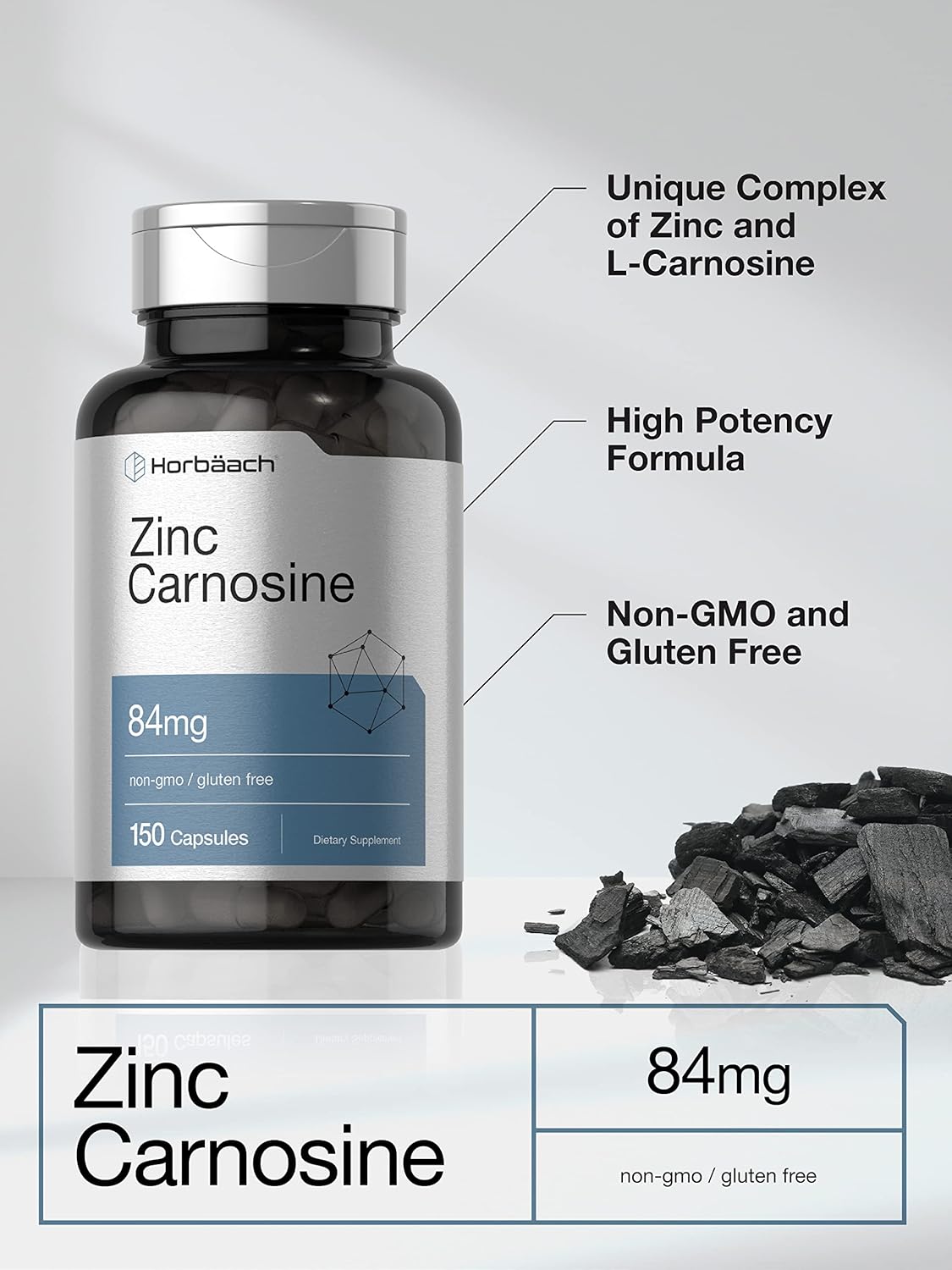 150 Count Horbäach Zinc Carnosine Capsules - 84mg per Capsule - Non-GMO & Gluten Free Formula