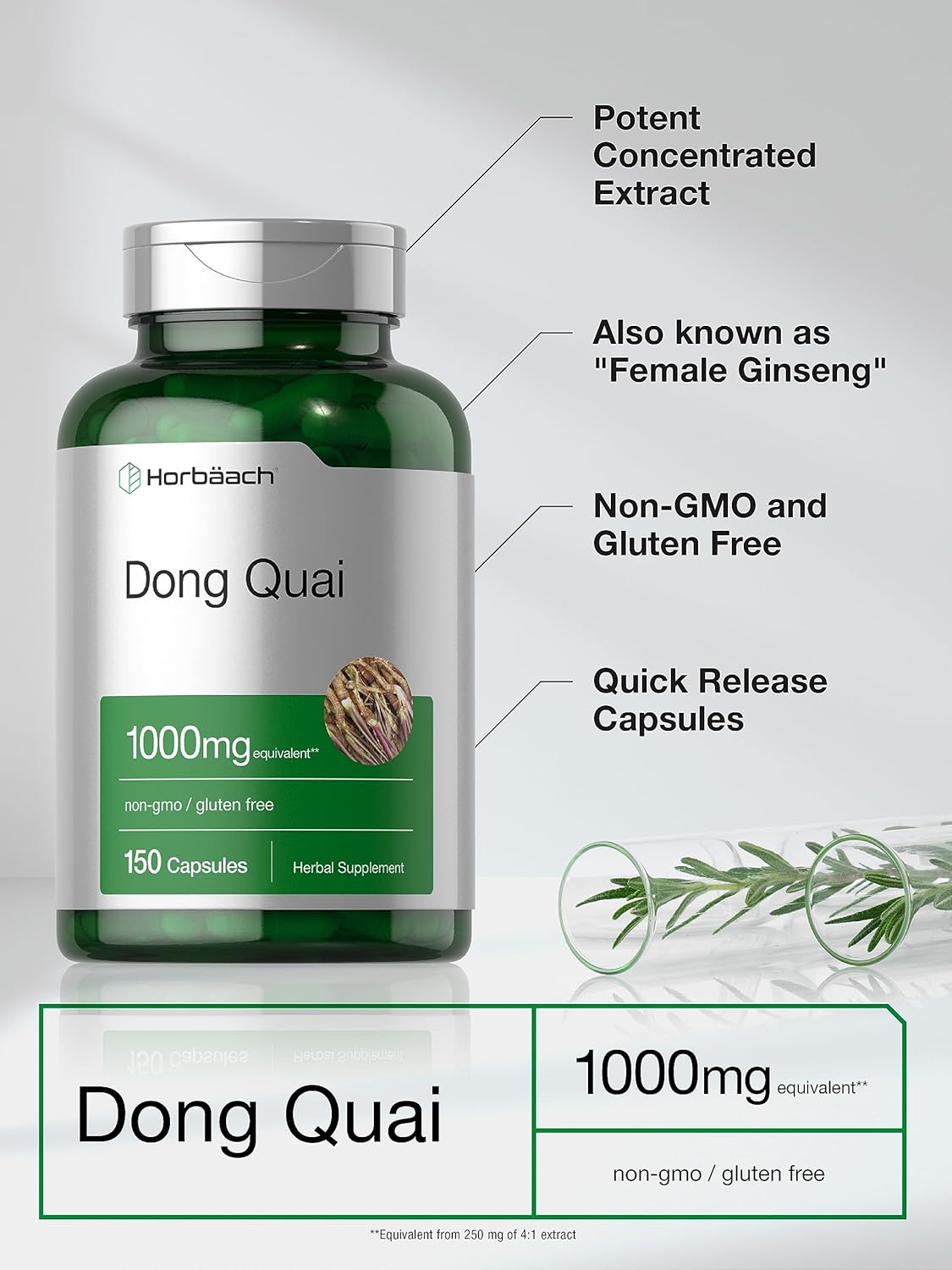 150 Count Non-GMO Horbäach Dong Quai Capsules 1000mg - Gluten Free Traditional Herb Supplement
