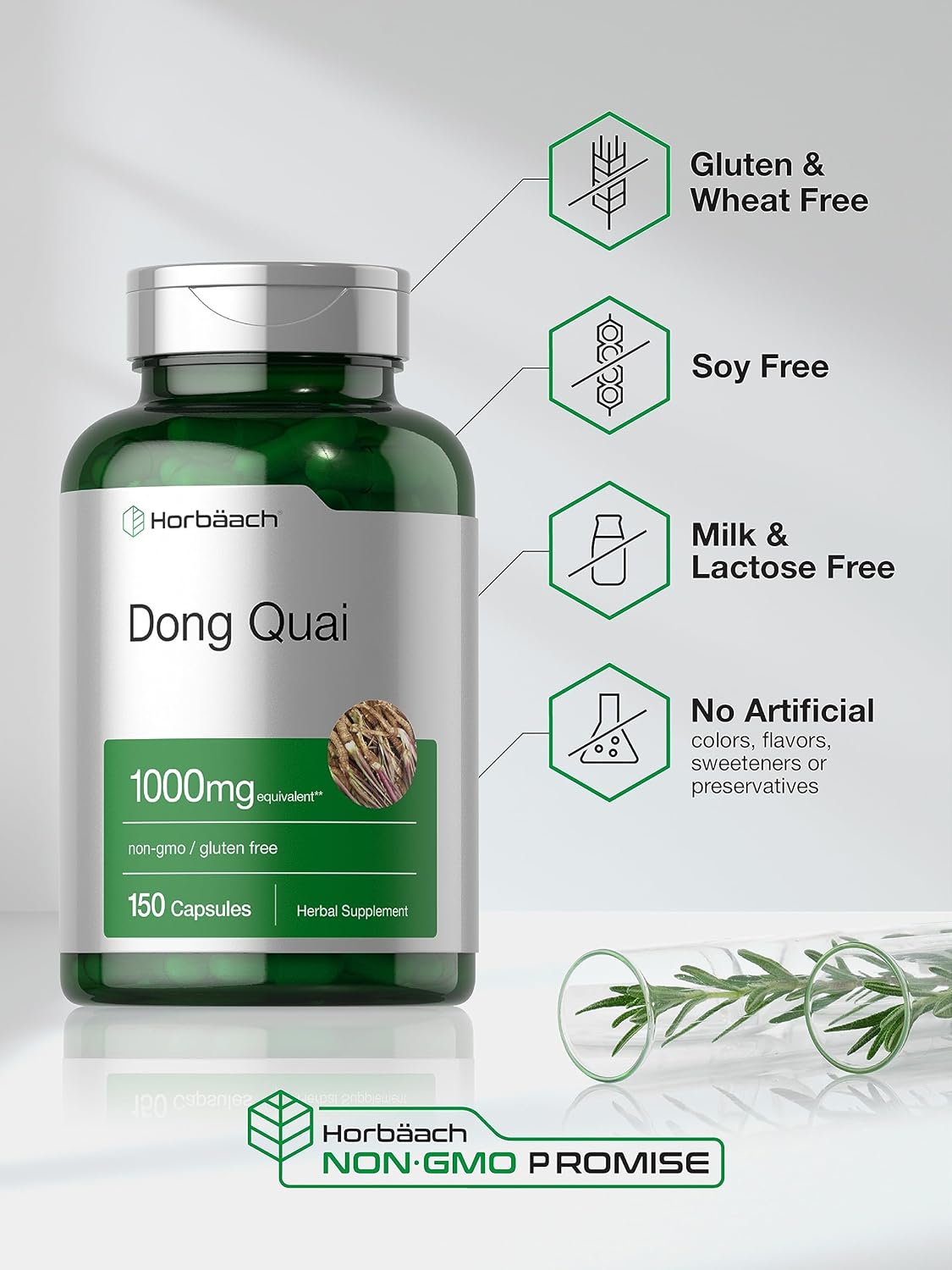 150 Count Non-GMO Horbäach Dong Quai Capsules 1000mg - Gluten Free Traditional Herb Supplement
