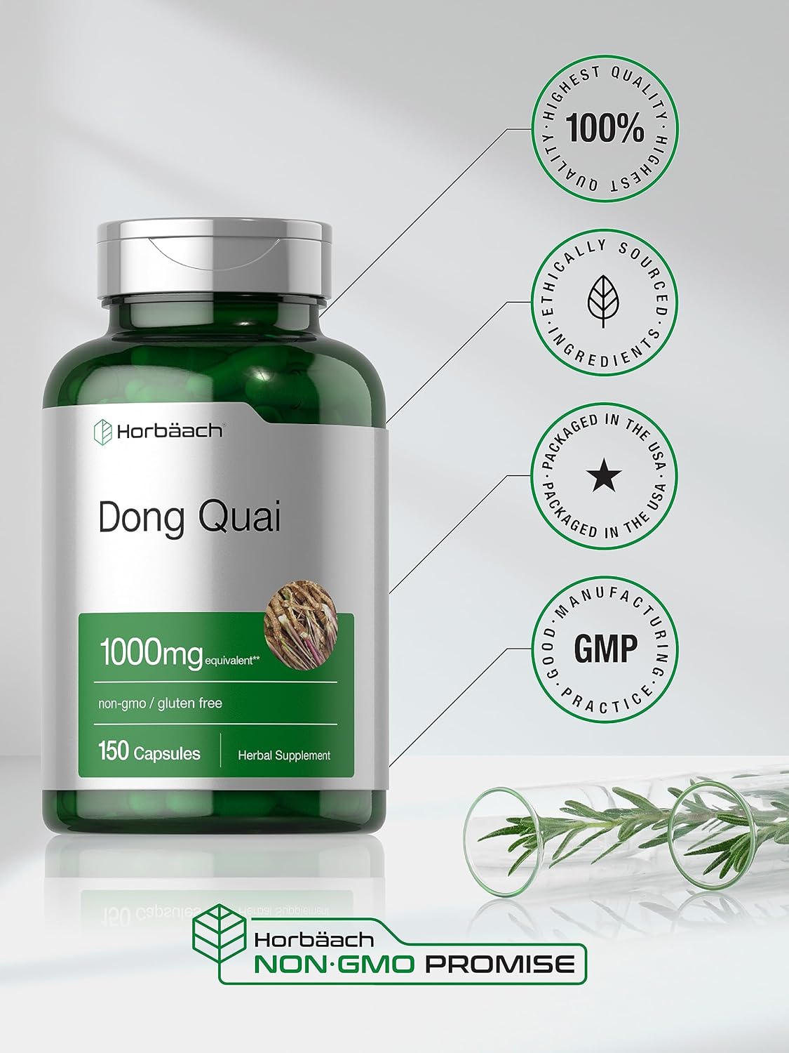 150 Count Non-GMO Horbäach Dong Quai Capsules 1000mg - Gluten Free Traditional Herb Supplement