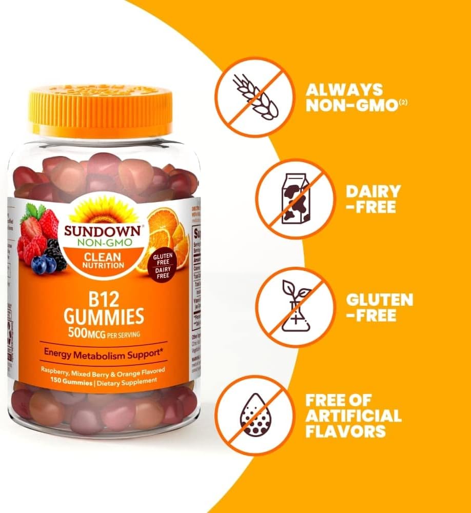 150 Ct Sundown Vitamin B-12 Gummies for Energy Metabolism Support in Raspberry, Mixed Berry, and Orange Flavors
