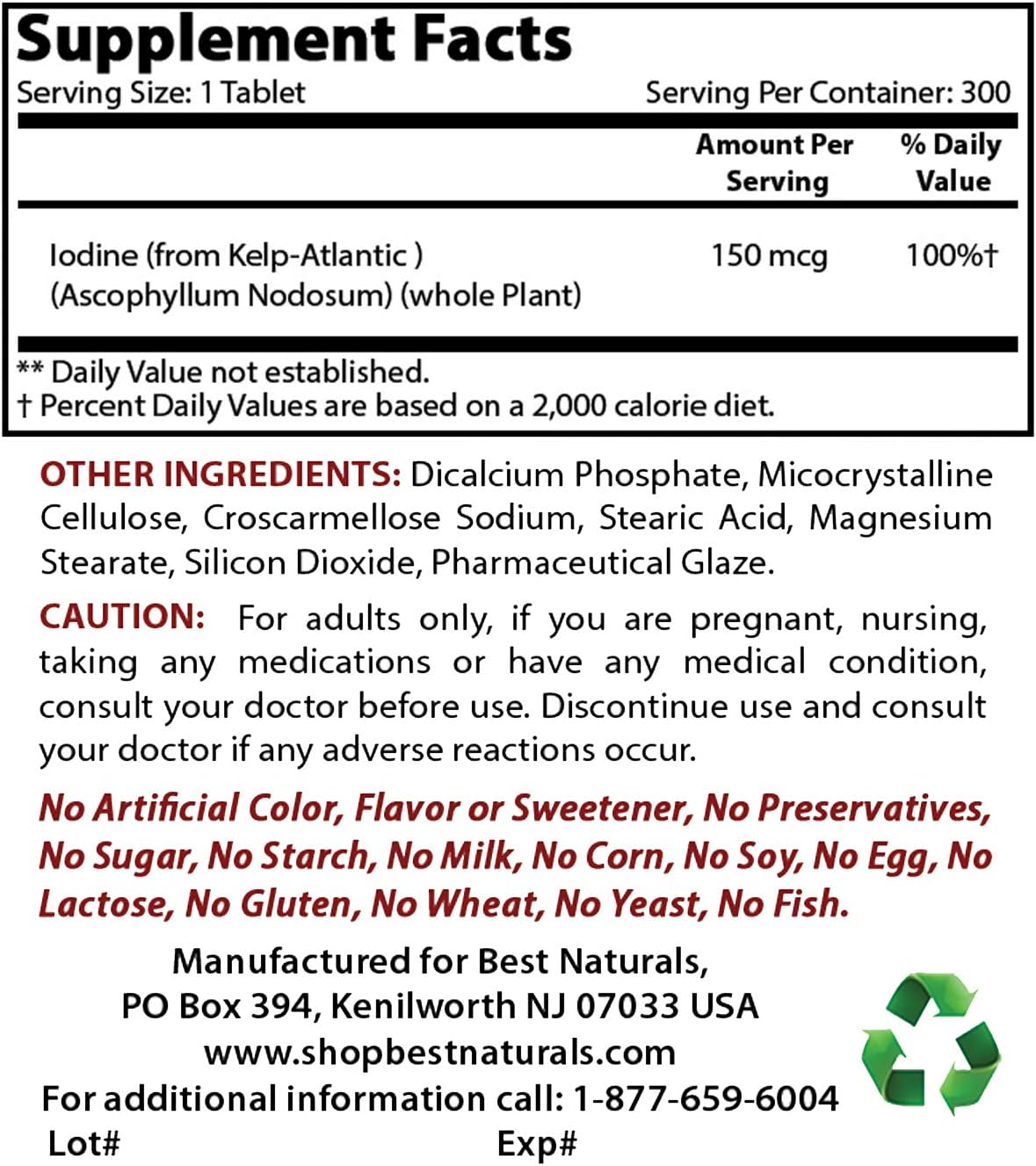 150 mcg Kelp Supplement with 200 mcg Selenium for Thyroid Support